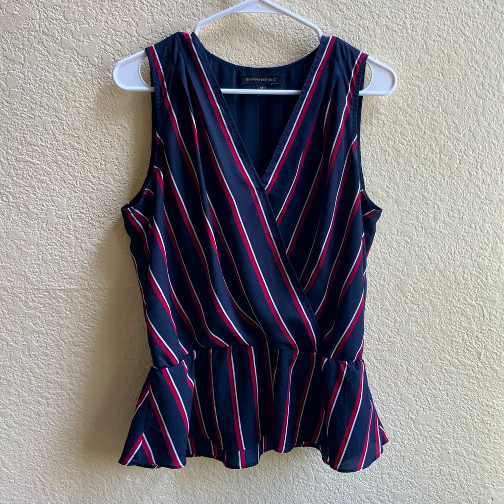 Striped peplum wrap sleeveless v neck blouse